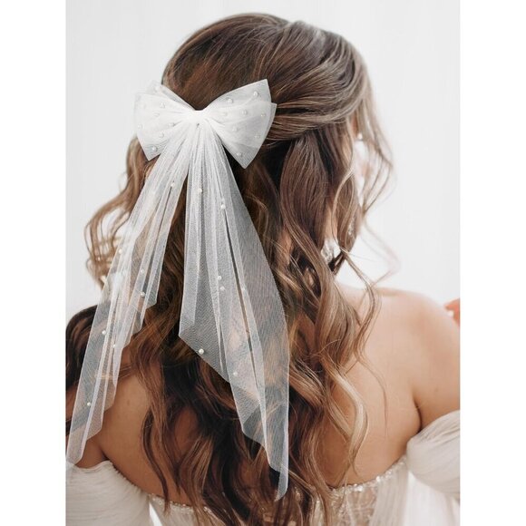 ? Women White Bridal Hair Bow Veil Bow Clip Bachelorette Accessories main image 8